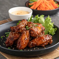 Fototapeta premium Sesame Glazed Chicken Wings Close-up Food Photography, Black Plate, Asian Cuisine, Recipe Chicken Wings, Asian Food