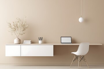 Minimalist Beige Home Office Desk with Pampas Grass & White Chair