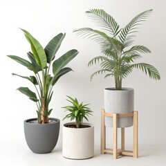 Fototapeta premium Three Potted Plants Minimalist Composition, Greenery, Home Decor, Plant Stand Indoor Plants, Minimalist Design