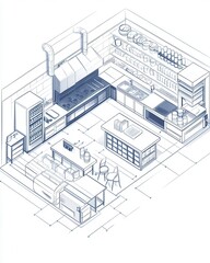 Isometric Kitchen Design Blueprint: Detailed Commercial Kitchen Plan with Appliances and Storage