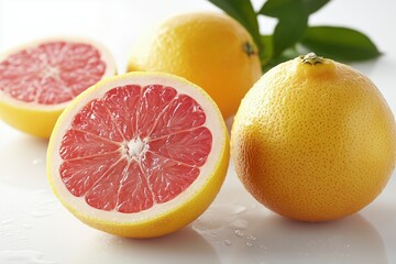 Fresh yellow grapefruit with halved fruit and green leaves on white background