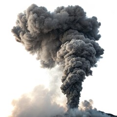 Volcanic Eruption Dark Grey Smoke Plume, Dramatic Composition, White Background, Natural Disaster Volcanic eruption, smoke plume
