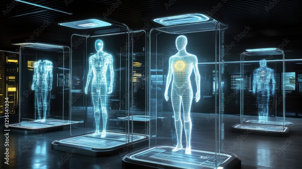 Poster high-tech biometric authentication featuring glowing holograms and digital pathways.