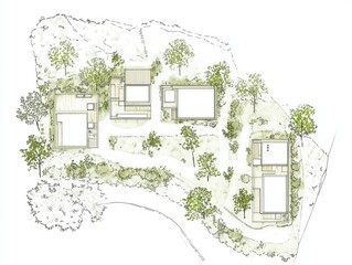 Architectural Site Plan: Hillside Residential Design with Lush Greenery and Multiple Buildings