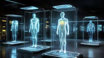 High-tech biometric authentication featuring glowing holograms and digital pathways.