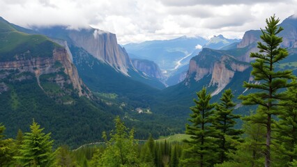 Obraz premium Majestic Mountain Valley Landscape with Verdant Pine Trees