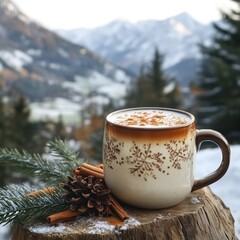 Chai latte with a snowy mountain backdrop, served in a rustic mug with holiday spices and a touch of warmth, creating a serene and peaceful winter scene
