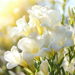 Fototapeta premium White flowers blooming in sunlight, garden background, nature beauty