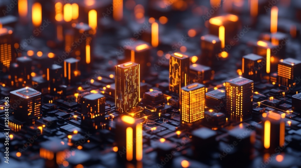 Poster high-tech financial ecosystem visualization with glowing graphs and digital payment icons.