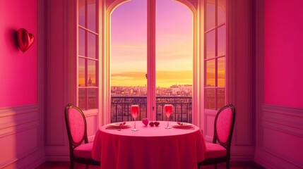Romantic Valentine's Day dinner setup with a breathtaking city view at sunset