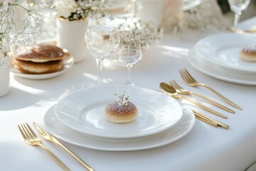 Elegant outdoor wedding table setting, pastries, sunlight