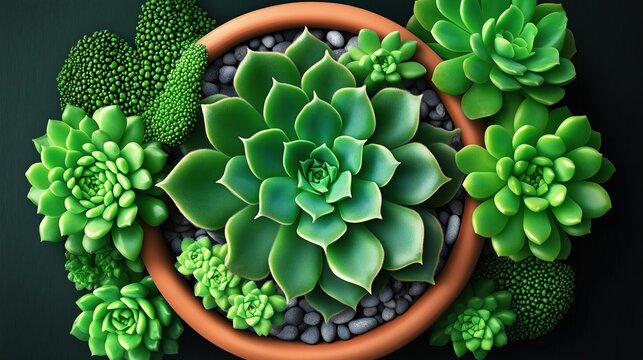 Collection of succulents in a brown pot surrounded by small green plants