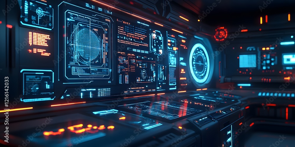 Poster computer monitor with a blue screen and red buttons