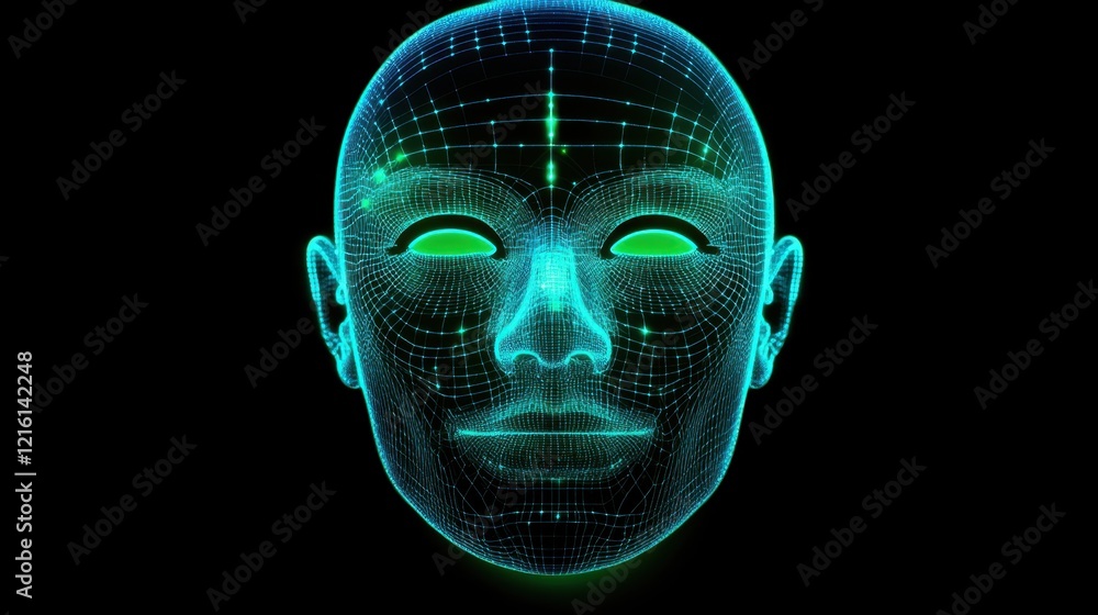 Poster holographic projection of a digital face map used for facial recognition security.