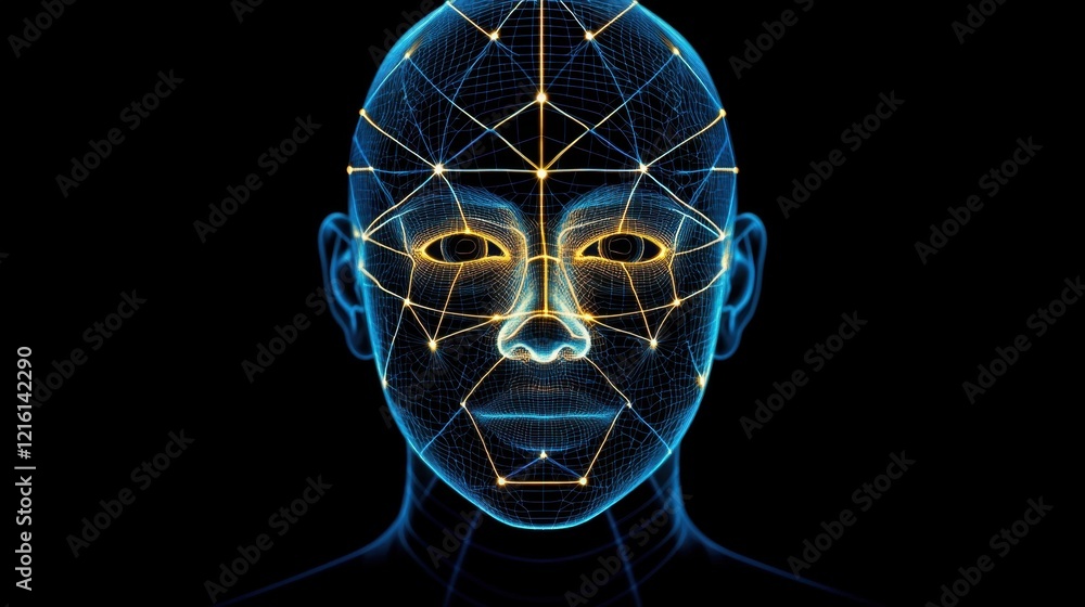 Poster holographic projection of a digital face map used for facial recognition security.
