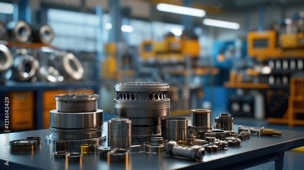 Poster industrial engine components arranged on a workshop table with a blurred background.