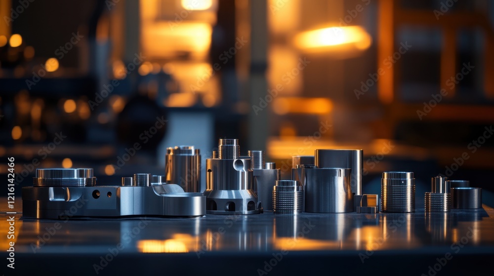 Aufkleber industrial engine components arranged on a workshop table with a blurred background.