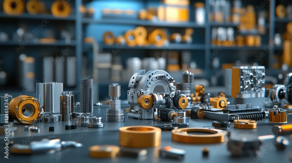 Poster industrial engine components arranged on a workshop table with a blurred background.