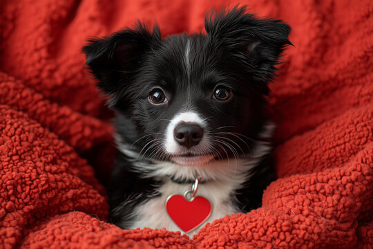 Border Collie Puppy Wrapped in a Red Blanket with Heart Tag