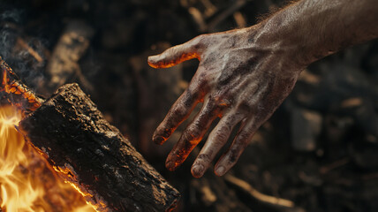 Fototapeta premium close up of hand reaching towards campfire, showcasing dirt and warmth