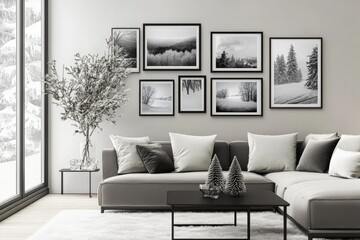 Living room with modern decor featuring a cozy sofa, framed art, and decorative plants, designed for comfort and style in a contemporary home interior.