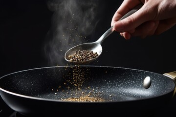 Chef adds peppercorns to hot pan, steam rising, dark background, cooking