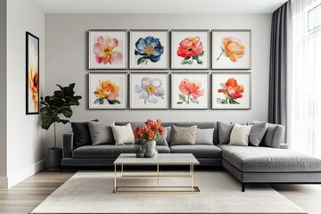 Living room with floral artwork and modern furniture, showcasing a cozy atmosphere for relaxation and artistic decor. Interior design, home aesthetics, and comfort.