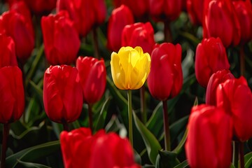 Obraz premium One yellow tulip between red tulips in the garden