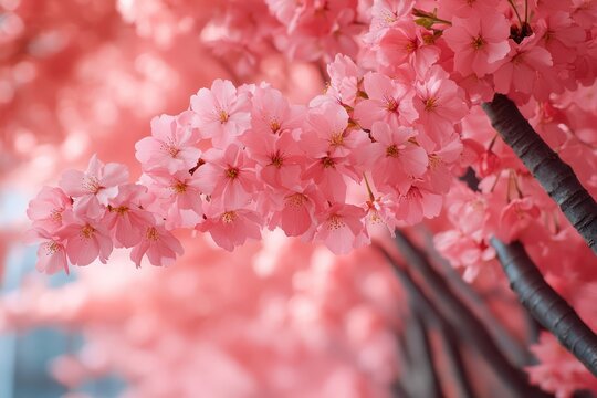 Cherry blossoms in full bloom, where the delicate pink flowers cover the trees, creating a scene of breathtaking beauty and serenity.