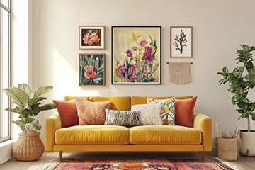 Living room with a cozy yellow sofa, colorful cushions, artwork on walls, and indoor plants for a warm and inviting home decor atmosphere. Natural light, style, comfort.