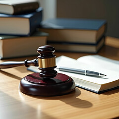 an image featuring a wooden gavel positioned on a circular base, resting on a textured surface. R place the stacked books with a modern tablet and a closed notebook.