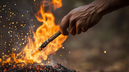 hand using stick to poke glowing embers and flames, creating sparks