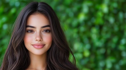 Naklejka premium Woman with long brown hair posing against a green background in a studio setting