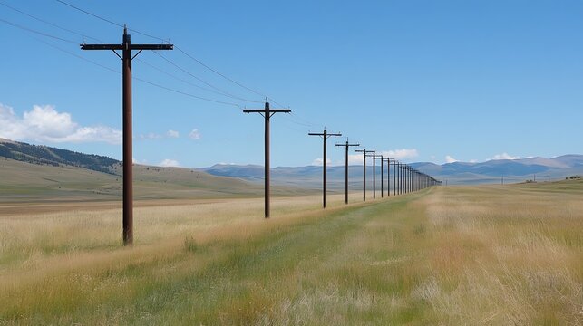 A photo of connected power lines stretching across a rural field, linking energy sources