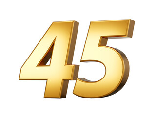 Obraz premium Golden metallic Number 45 forty five, White background 3d illustration