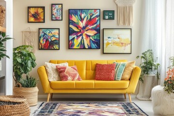 Living room interior featuring a yellow sofa, vibrant artwork on the walls, plants, and cozy decor. Modern design and home aesthetics for relaxation and comfort.