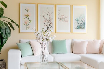 Living room interior design with minimalist decor, white sofa, decorative pillows, floral artwork, and glass coffee table creating a serene atmosphere.