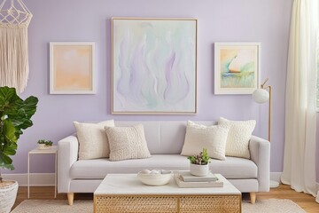 Living room interior design showcasing modern sofa, pastel wall art, and natural decor elements, creating a serene and inviting atmosphere for relaxation.
