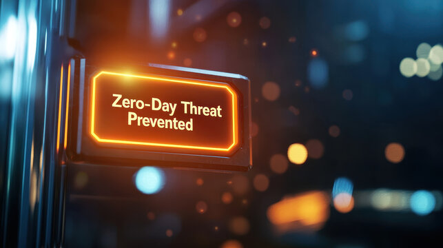 Glowing alert notification indicating zero day threat prevented, showcasing cybersecurity