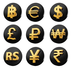 3d Set Of Nine Rounded Black Icons With Golden Currency Symbols On White Background, 3d Illustration