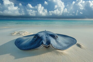 Fototapeta premium Stingray on a tropical beach under a dramatic sky. A peaceful yet powerful image.