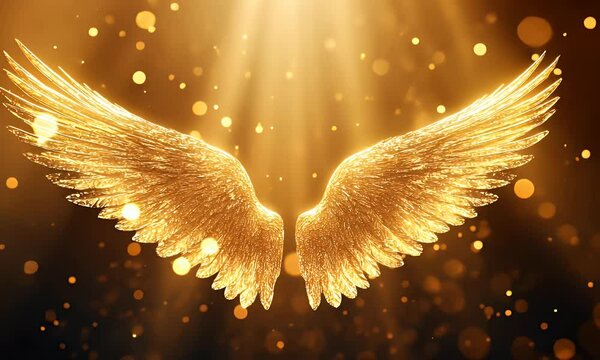 Golden angel wings illuminated by light, creating a magical and ethereal atmosphere.