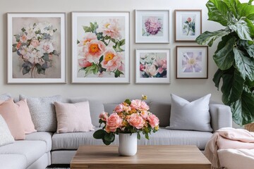 Living room design with floral wall art, stylish furniture, and decorative elements creating a cozy atmosphere, ideal for home interior inspiration and relaxation.