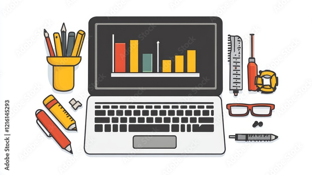 Aufkleber laptop displaying bar graph surrounded by various stationery and tools
