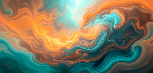 Fototapeta premium Abstract fluid art, swirling vibrant colors, orange and teal, dynamic motion, cosmic nebula, marbled texture, ethereal atmosphere, digital painting, high contrast, surreal landscape, liquid flow, ener