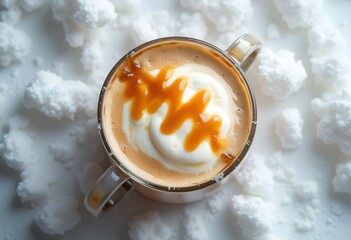Caramel macchiato with a drizzle of caramel sauce, placed on a snowy background