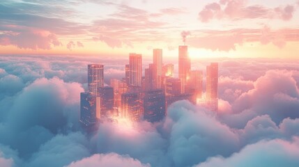 Fototapeta premium A floating futuristic city, glowing buildings blending with the clouds under a captivating pastel sunset sky