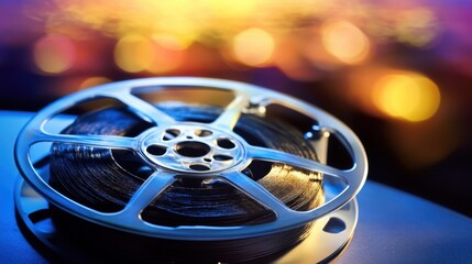 Movie projector reel on a table with blurred film equipment in the background.