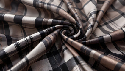 A detailed close-up of silky satin fabric with stylish black, white, beige, and red checkered designs. High-resolution image suitable for branding and decor projects.

