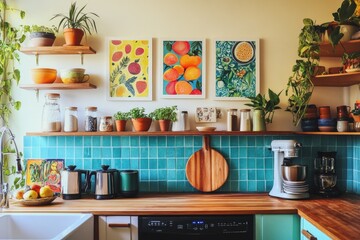 Kitchen interior with colorful art on the wall, fresh fruits on wooden countertop, plants, and modern appliances creating a vibrant cooking space atmosphere.